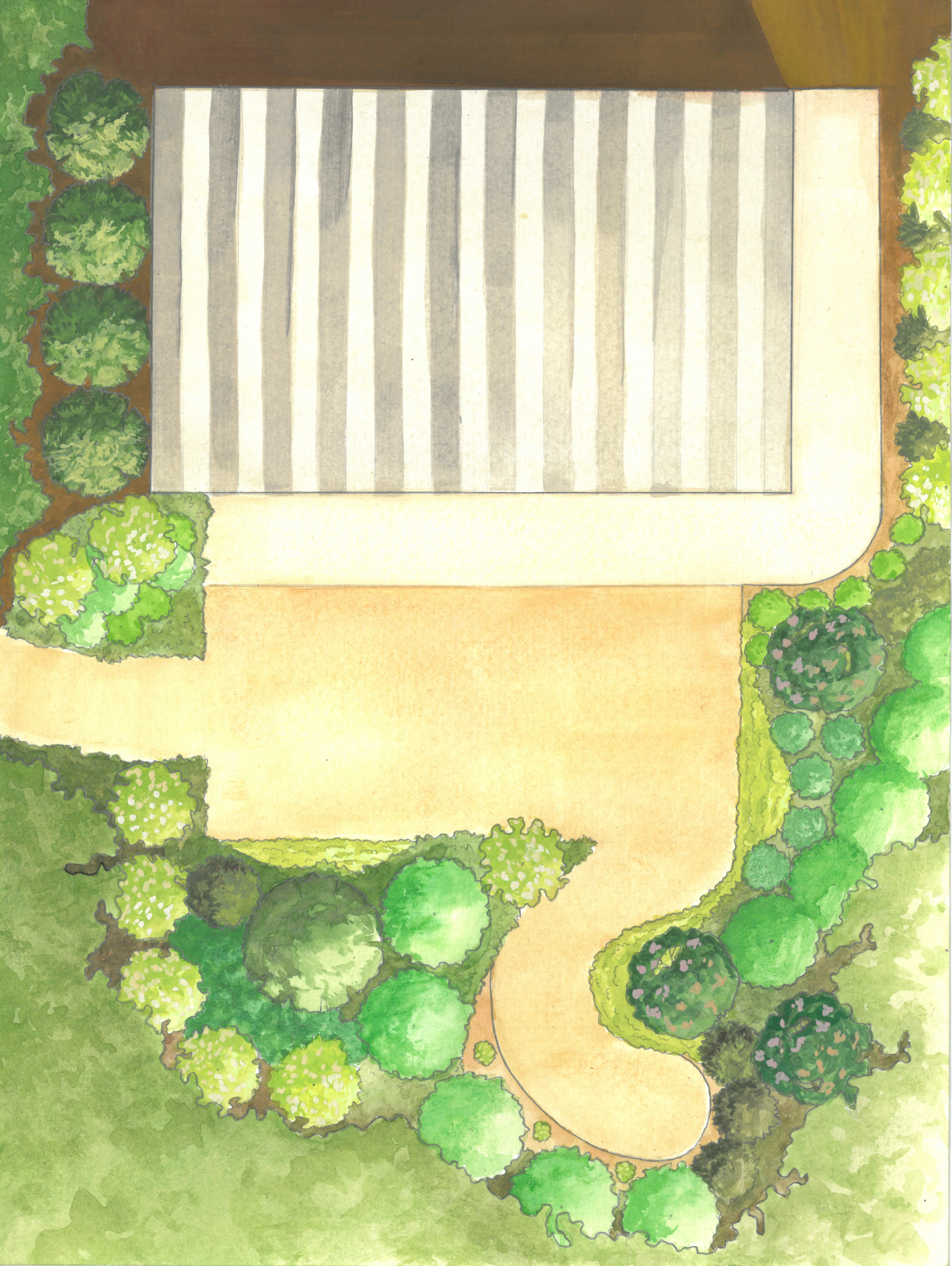 Watercolor architectural detail of a Granitello cabin, striped roof and garden approach