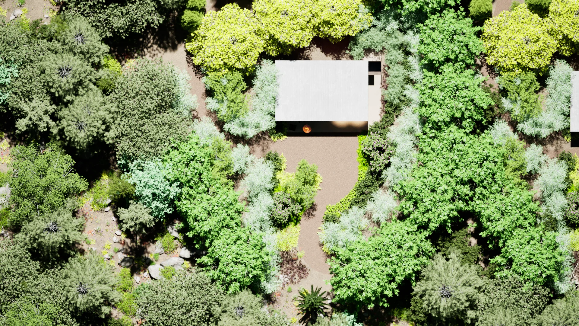 Aerial view of a cabin in the landscape