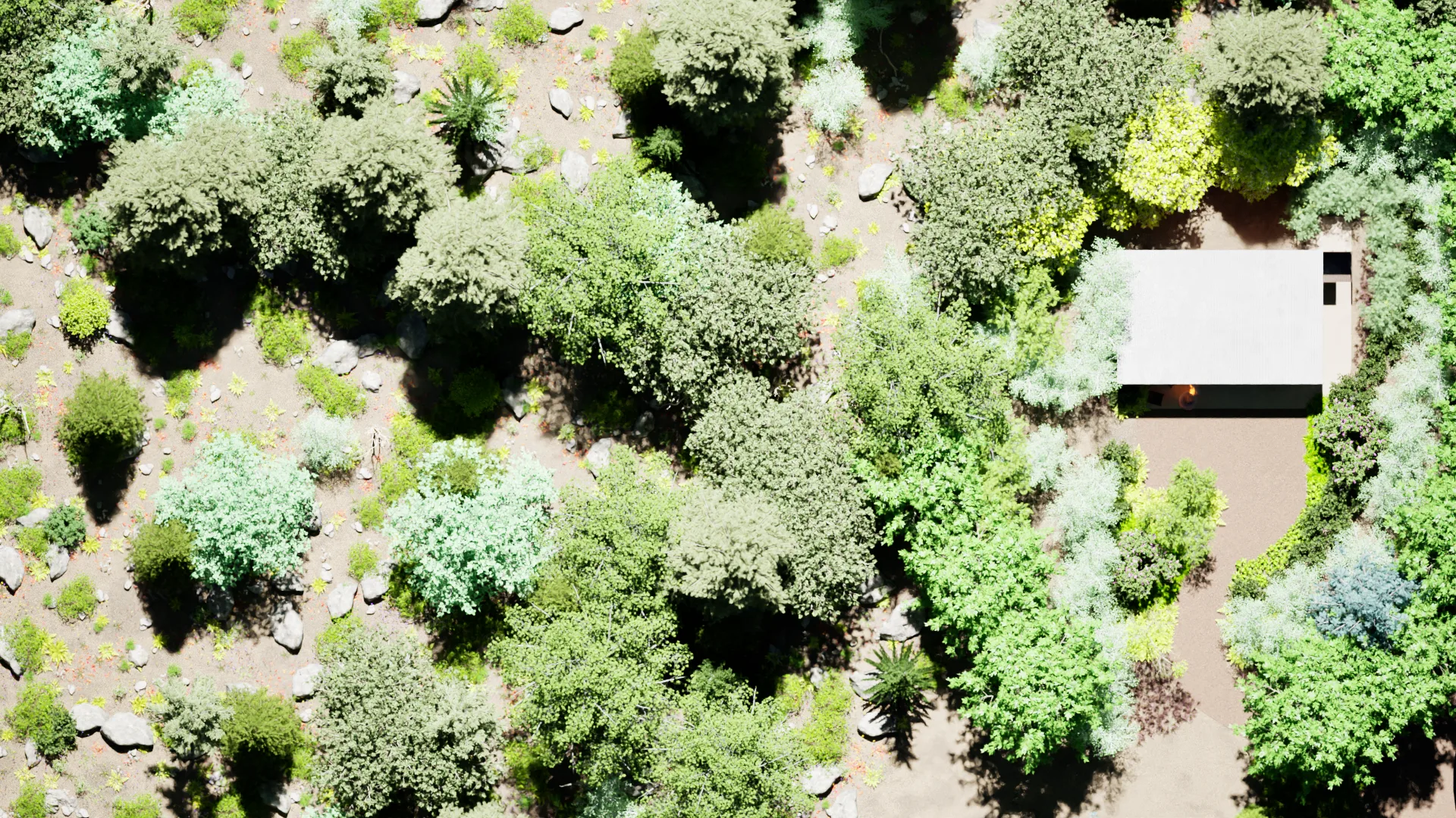 Aerial view of a cabin in a sparse, planted landscape