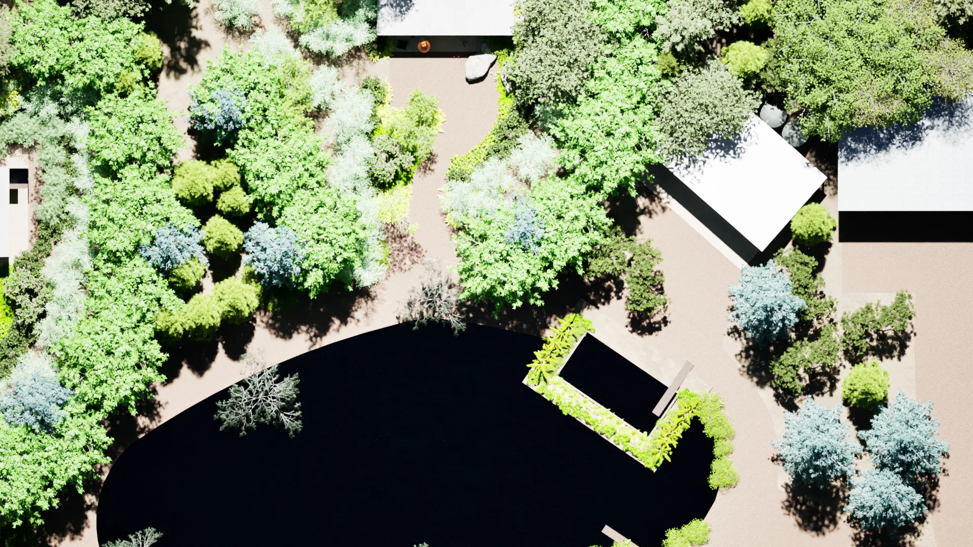 Aerial view of the pond at the heart of the homestead