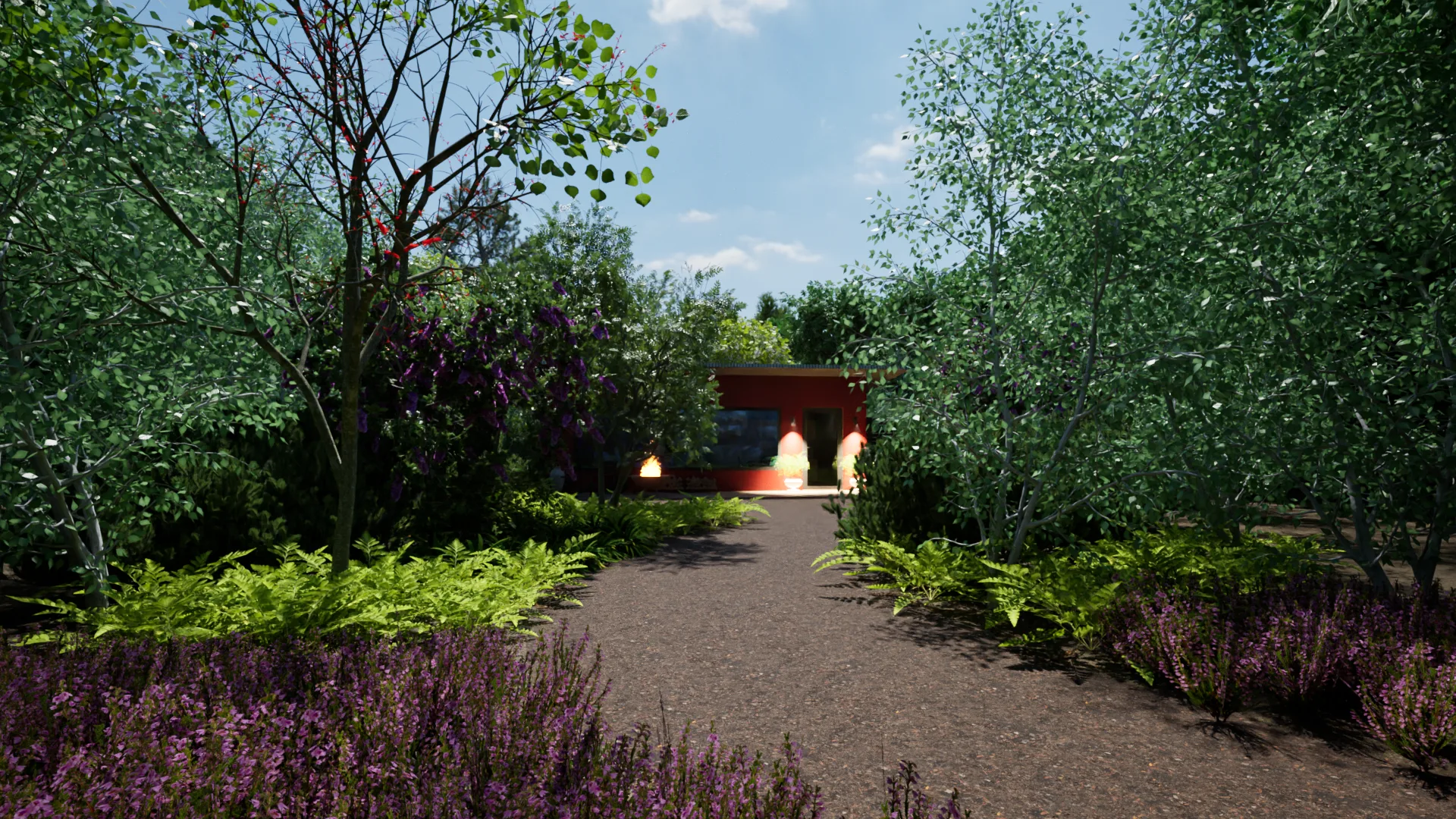 Path lined with lavender approaching the cabin