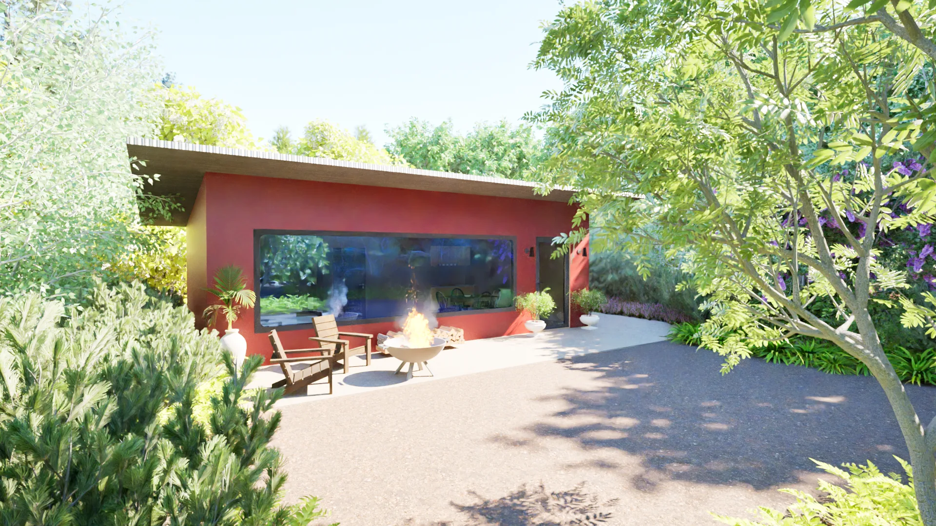 The cabin in daylight with fire pit and patio chairs