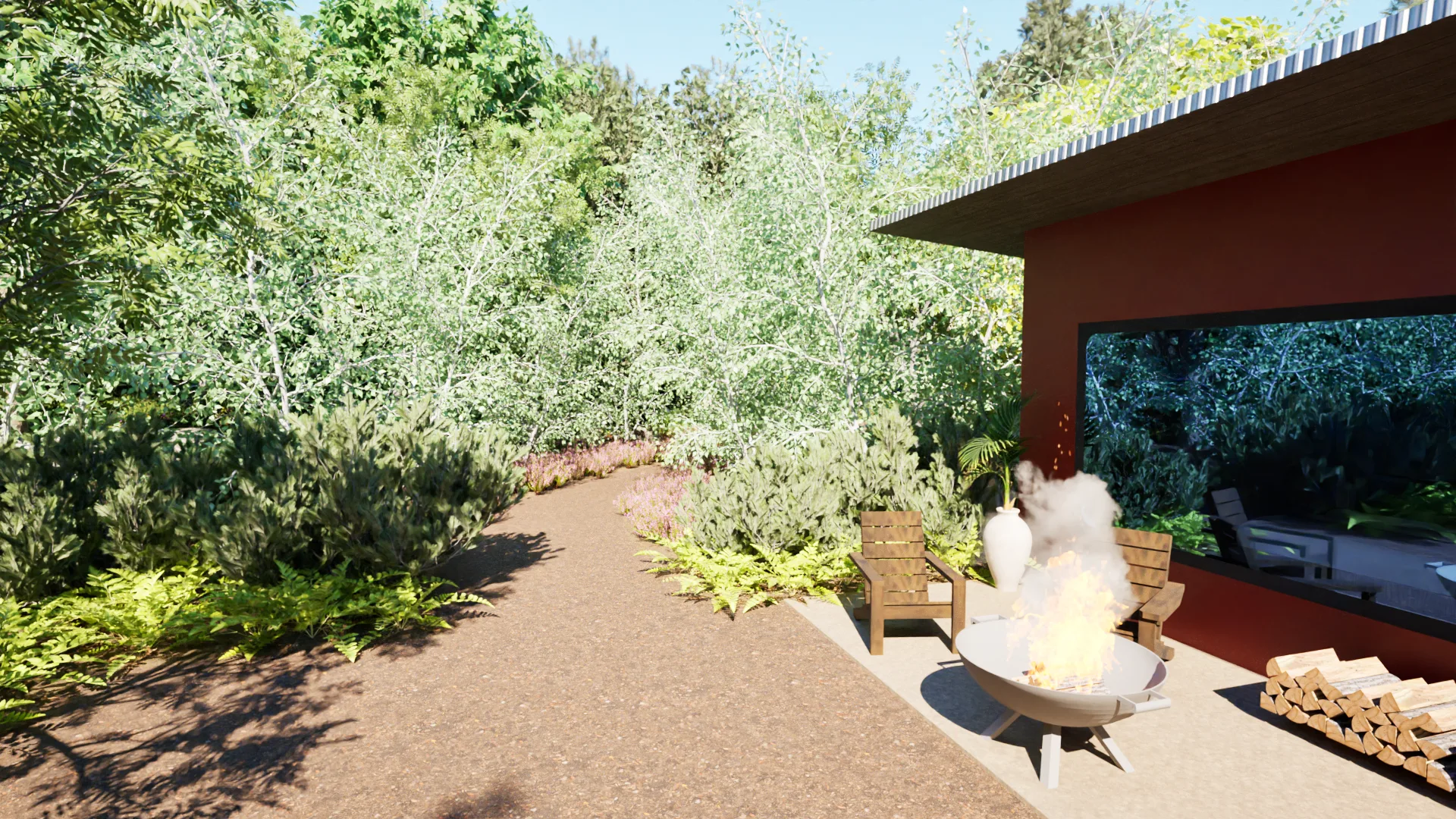 Side view of the cabin in summer with woodpile