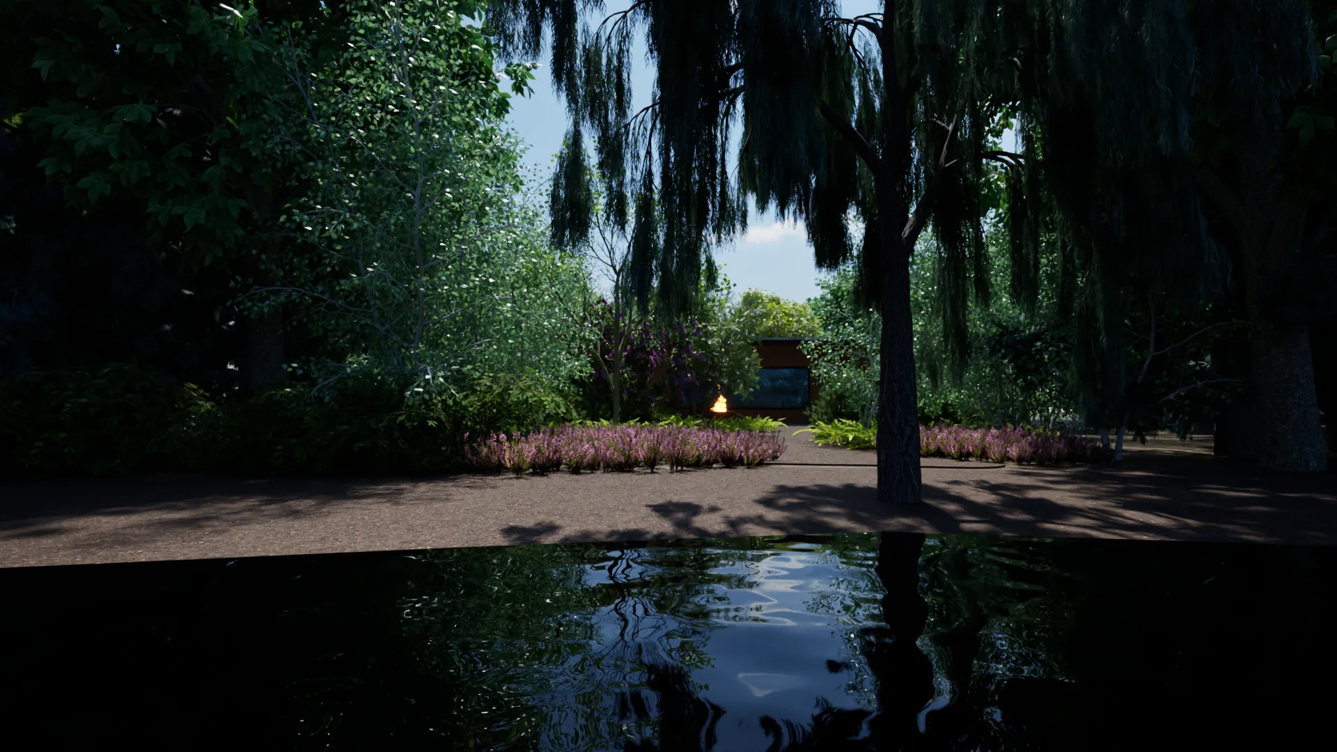 A quiet bench by the pond, flowering plants on the shore