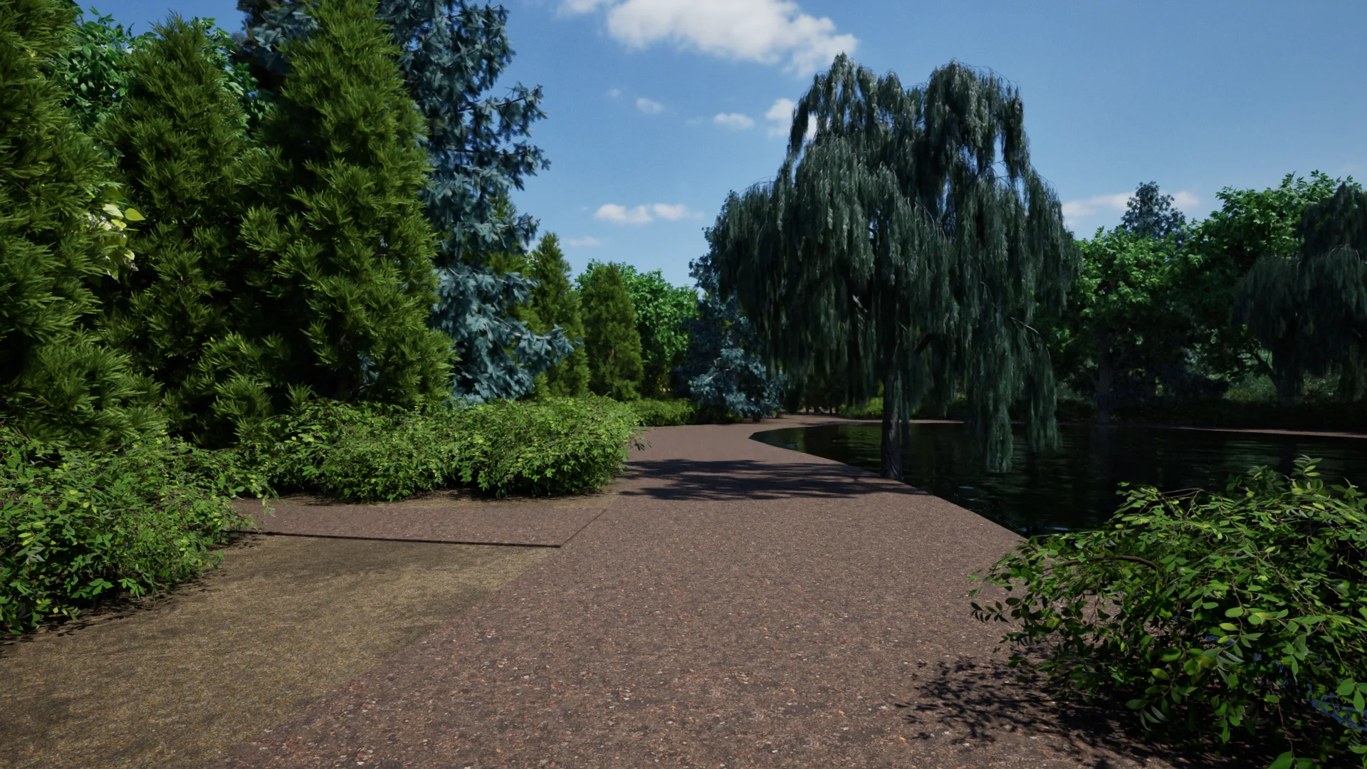 A gravel path winding past the pond