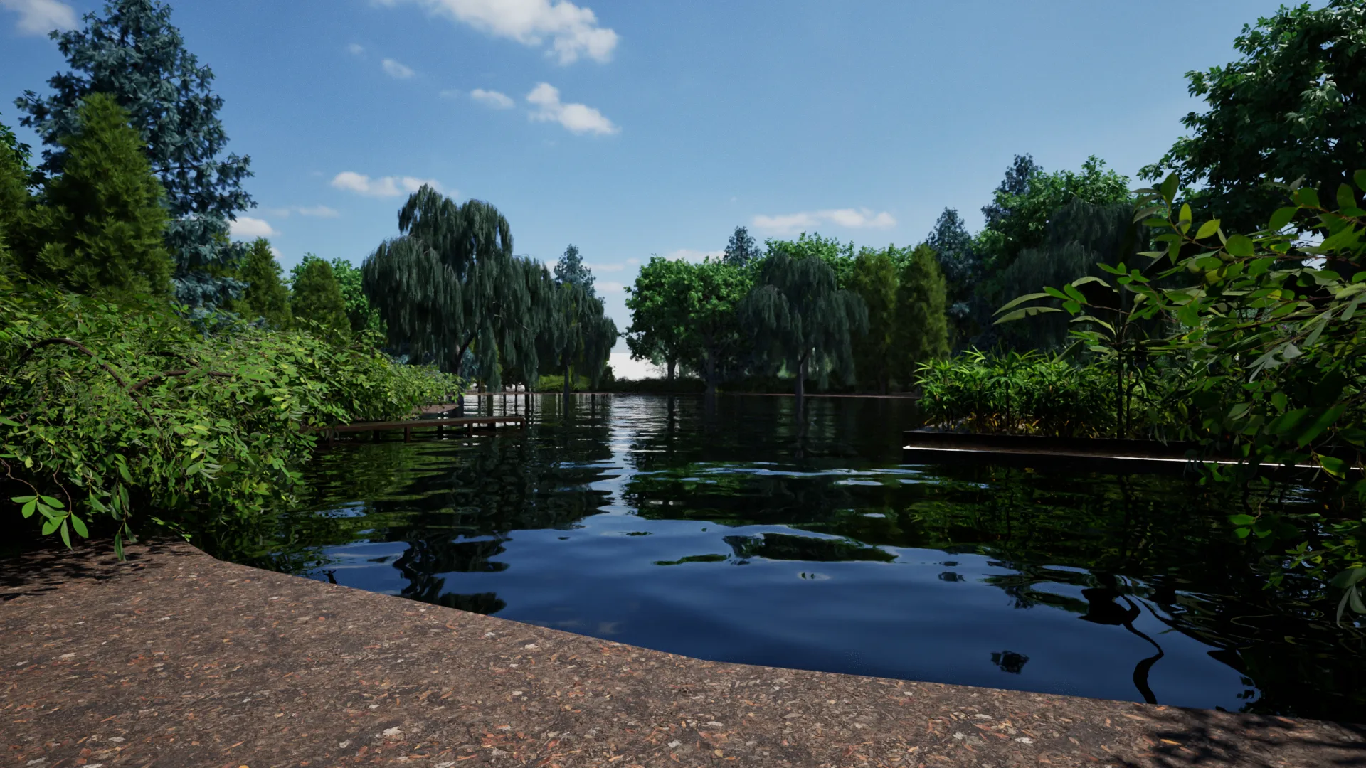 The pond reflecting willows and summer sky
