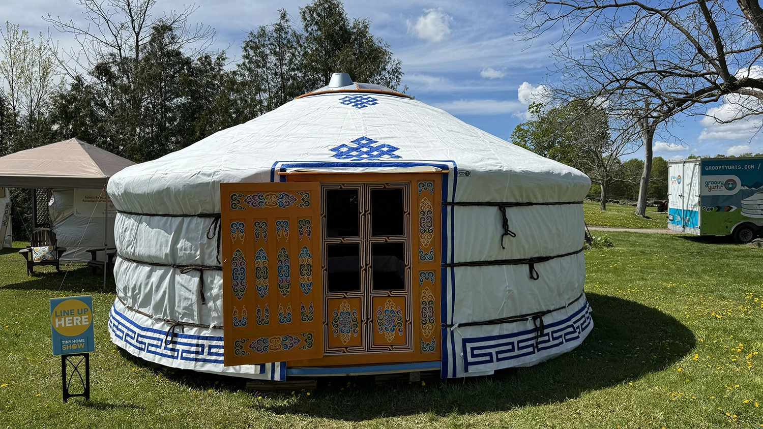 A Groovy Yurt on the property, canvas walls with a decorated door